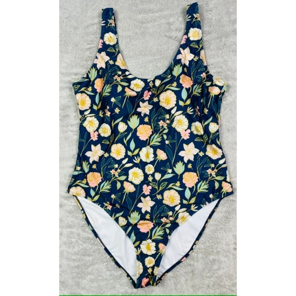 Nicole Miller One Piece Swimsuit Women 3X Navy Blue Floral Excellent Padded
